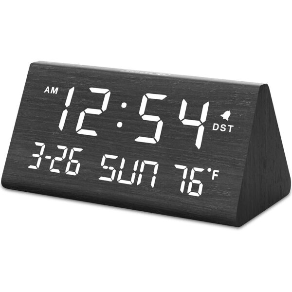 Wooden Digital Alarm Clock with USB Charging Port, Date & Temperature Display – Adjustable Brightness & Volume (Black)